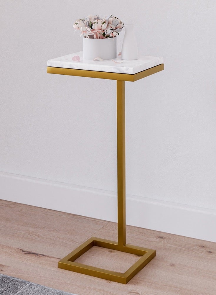 Mobellya Modern Minimalist Side Table with Gold Frame and  Marble Top - Sleek and Versatile C-Shaped Design - Image 1